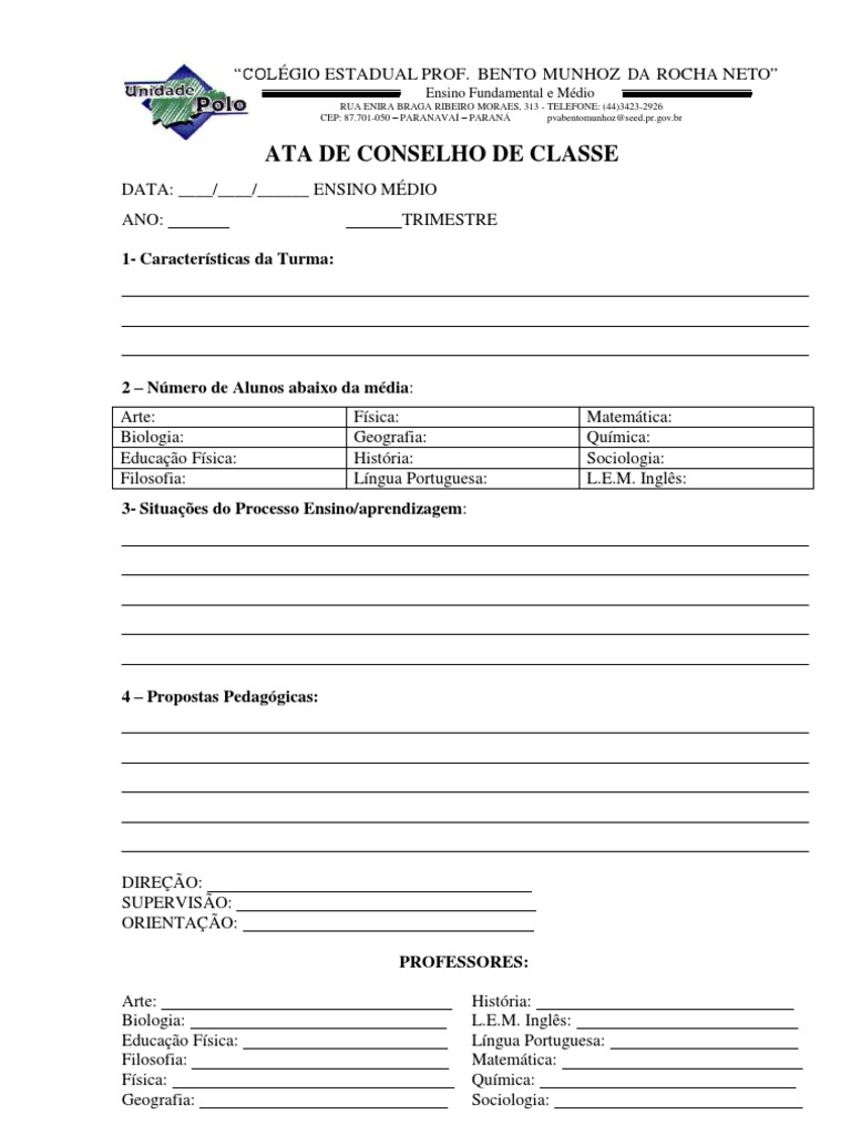 Ata de Conselho de Classe-modelo | Ensino Médio | Faculdade