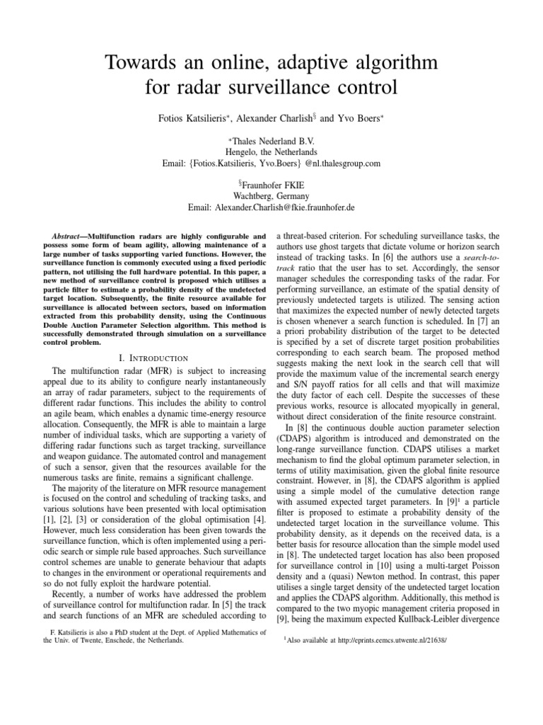 Towards An Online, Adaptive Algorithm For Radar Surveillance Control | PDF
