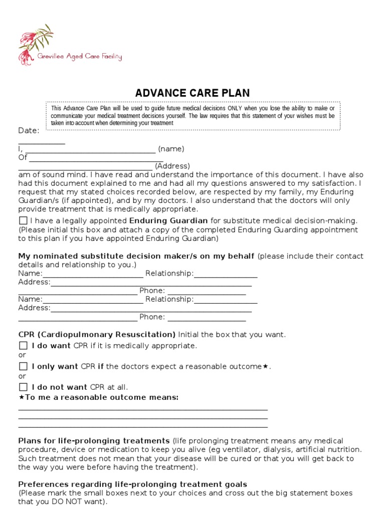 Advance Care Plan Template | PDF | Cardiopulmonary Resuscitation ...