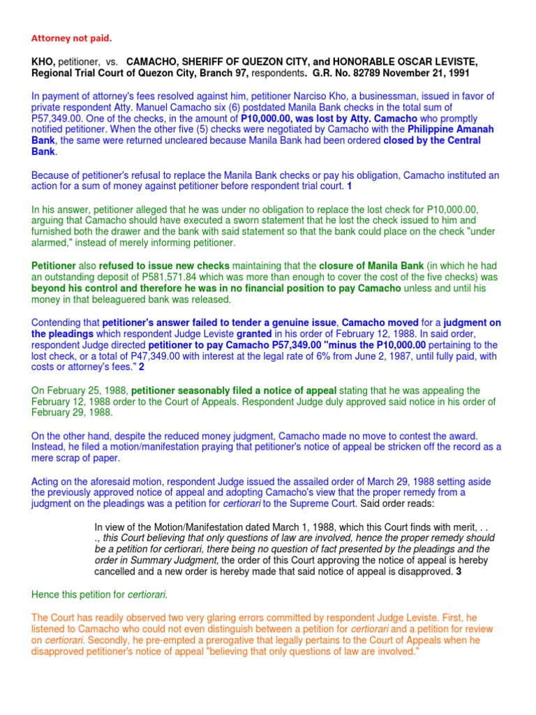 Summary of Appeal Cases Certiorari Lawsuit