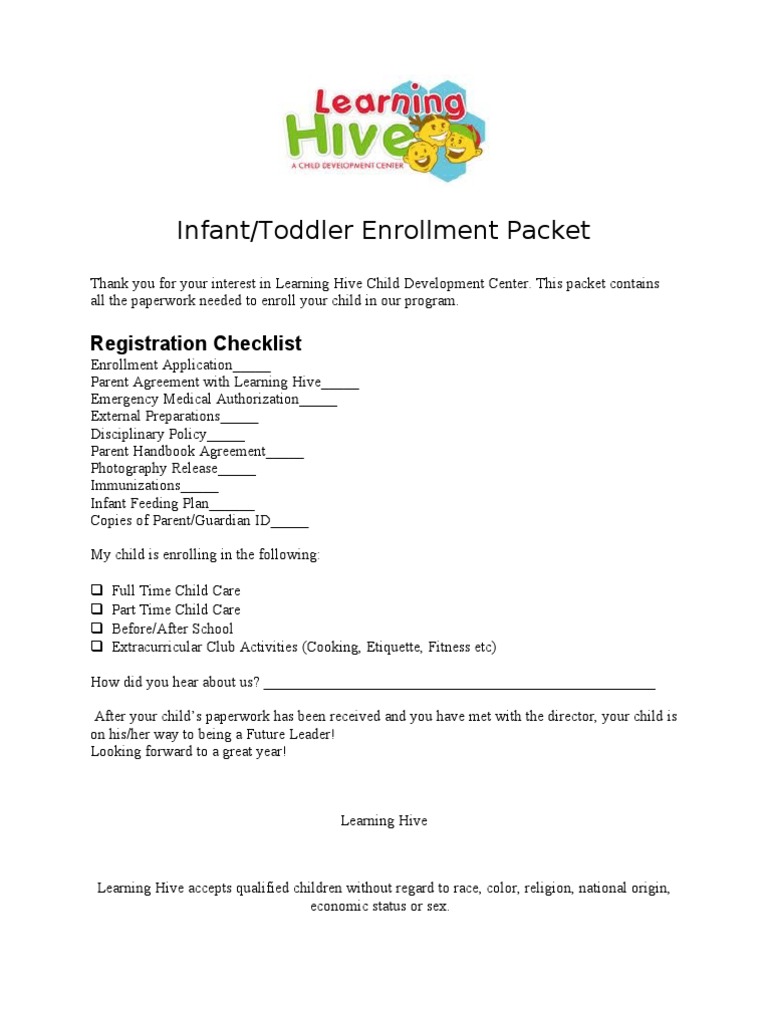 Infant/Toddler Enrollment Packet | Parent | Relationships ...