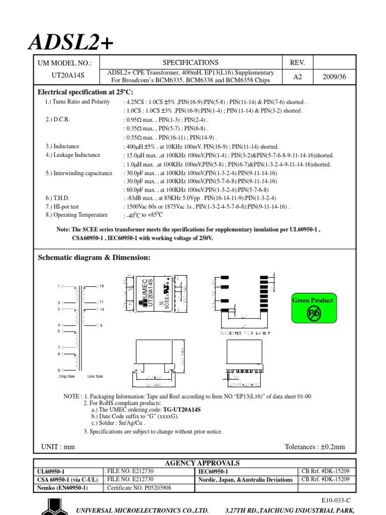 ADSL2+ CPE Transformer UT20A14S Datasheet | PDF | Computers ...