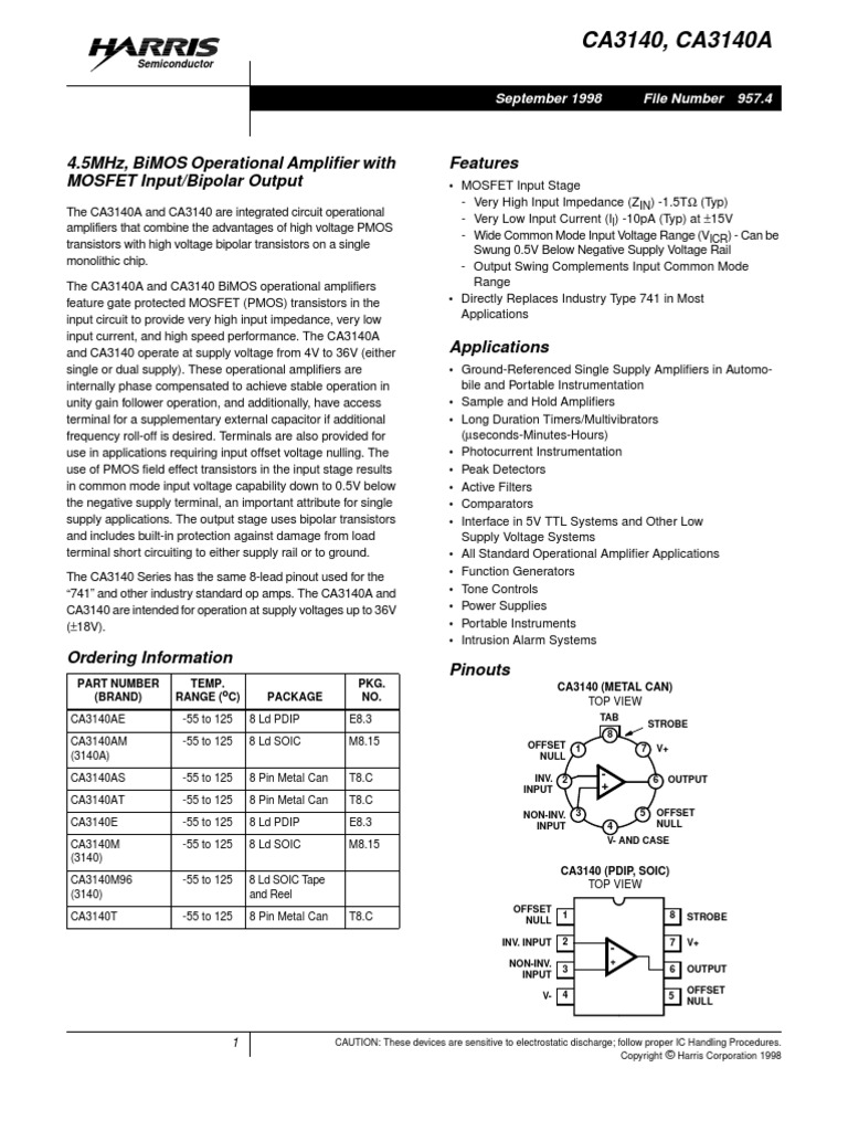 Ca3140, Ca3140A: 4.5Mhz, Bimos Operational Amplifier With Mosfet Input ...