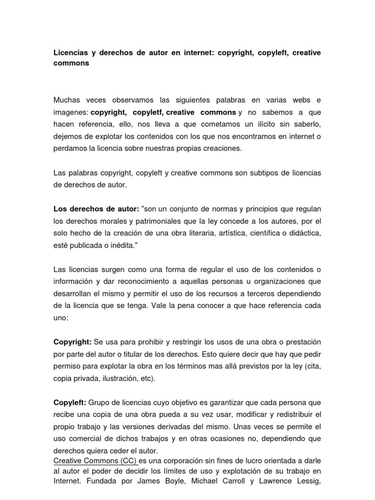 Licencias y Derechos de Autor en Internet | PDF | Creative Commons | Autor