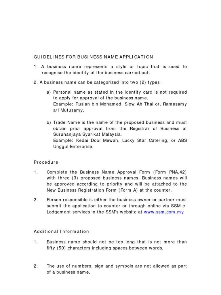 Guidelines For Business Name Application PDF Banks Business