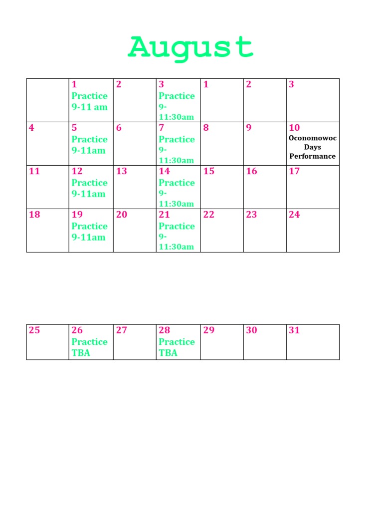 August Practice Schedule Overview | PDF