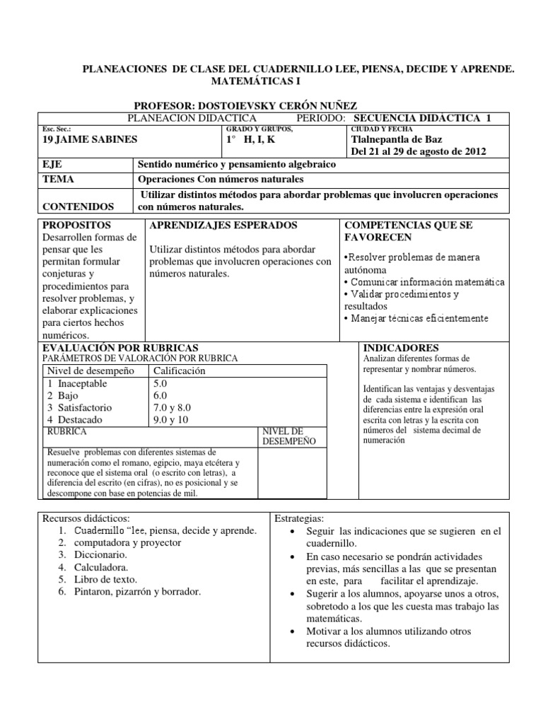 Planeaciones de Matemáticas para 1° Grado | PDF | Enseñanza de ...
