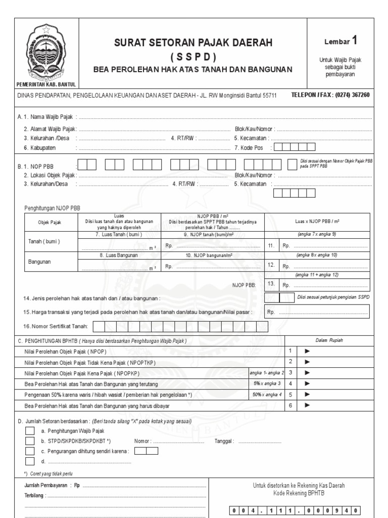Contoh SSPD BPHTB untuk Wajib Pajak | PDF