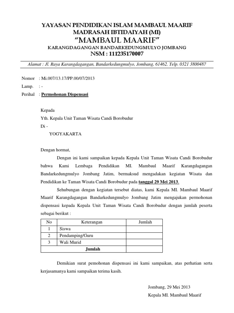 Surat Permohonan Dispensasi