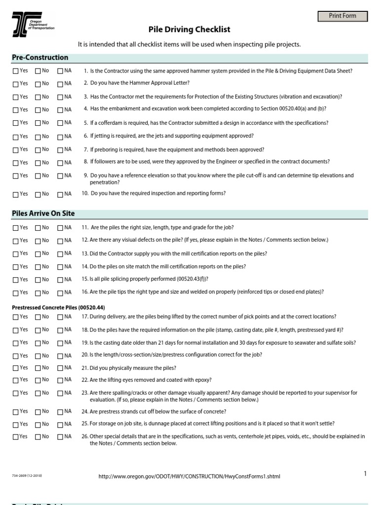 Pile Driving Checklist: Pre-Construction | PDF