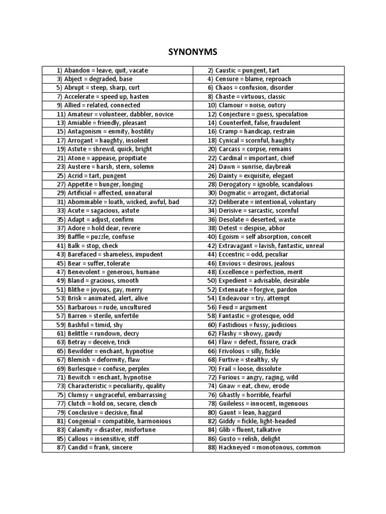 Comprehensive List of Synonyms | PDF | Psychological Concepts ...