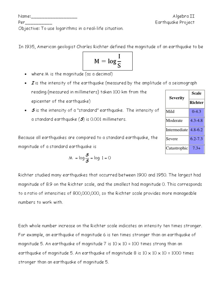 Earthquake Project On Logarithms PDF Natural Disasters Earthquakes