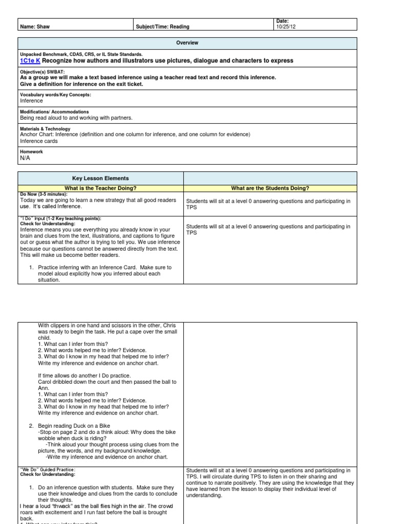 Teaching Inference in Reading Lessons | PDF | Inference | Reading (Process)