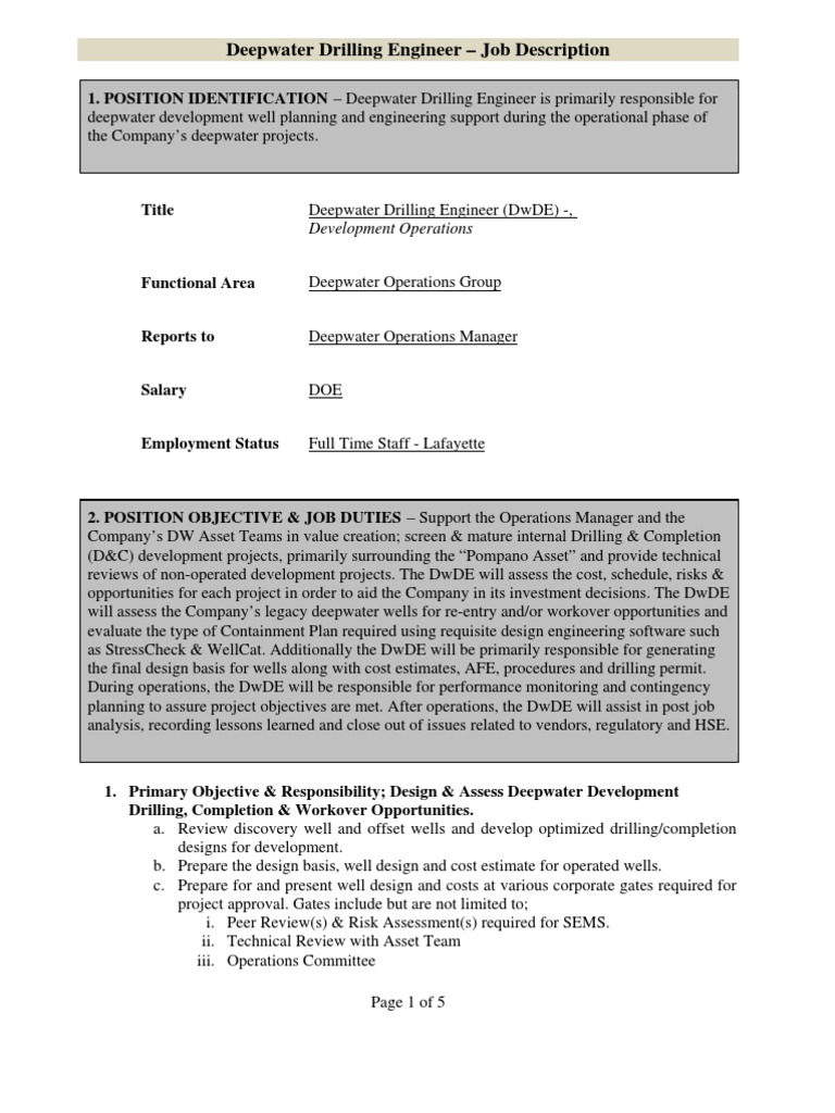 Deepwater Drilling Engineer Job Description Development Operations