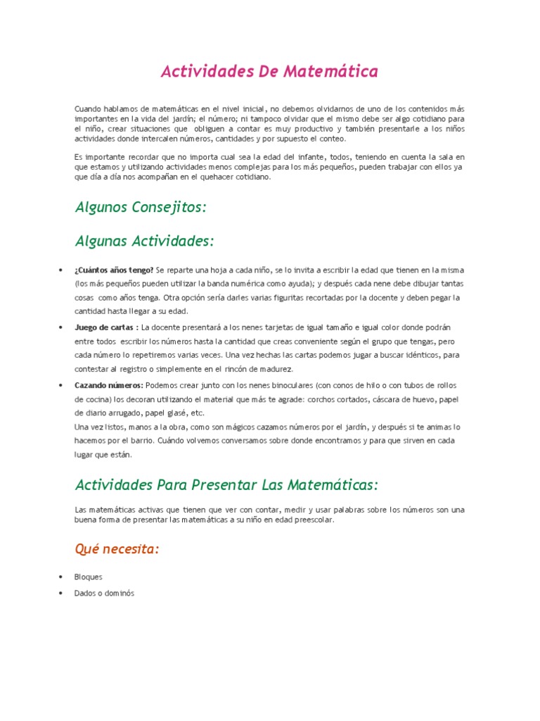 Actividades Matemáticas para Preescolar | PDF | Jardín de infancia ...