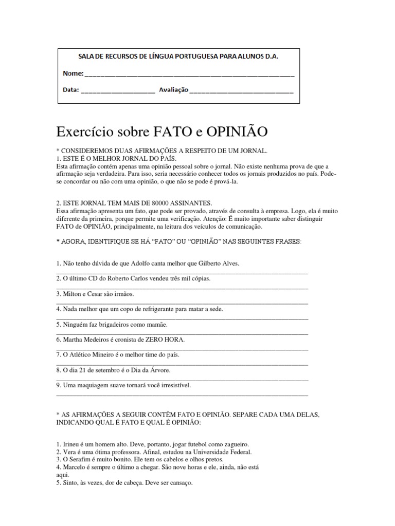 Exercício Sobre FATO e OPINIÃO | PDF