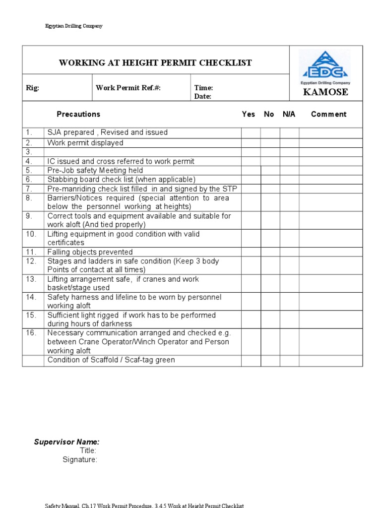 Work at Height Permit Checklist | PDF