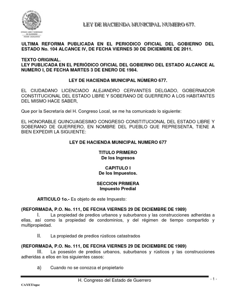 Ley de Hacienda Municipal Numero 677 Ley de Propiedad