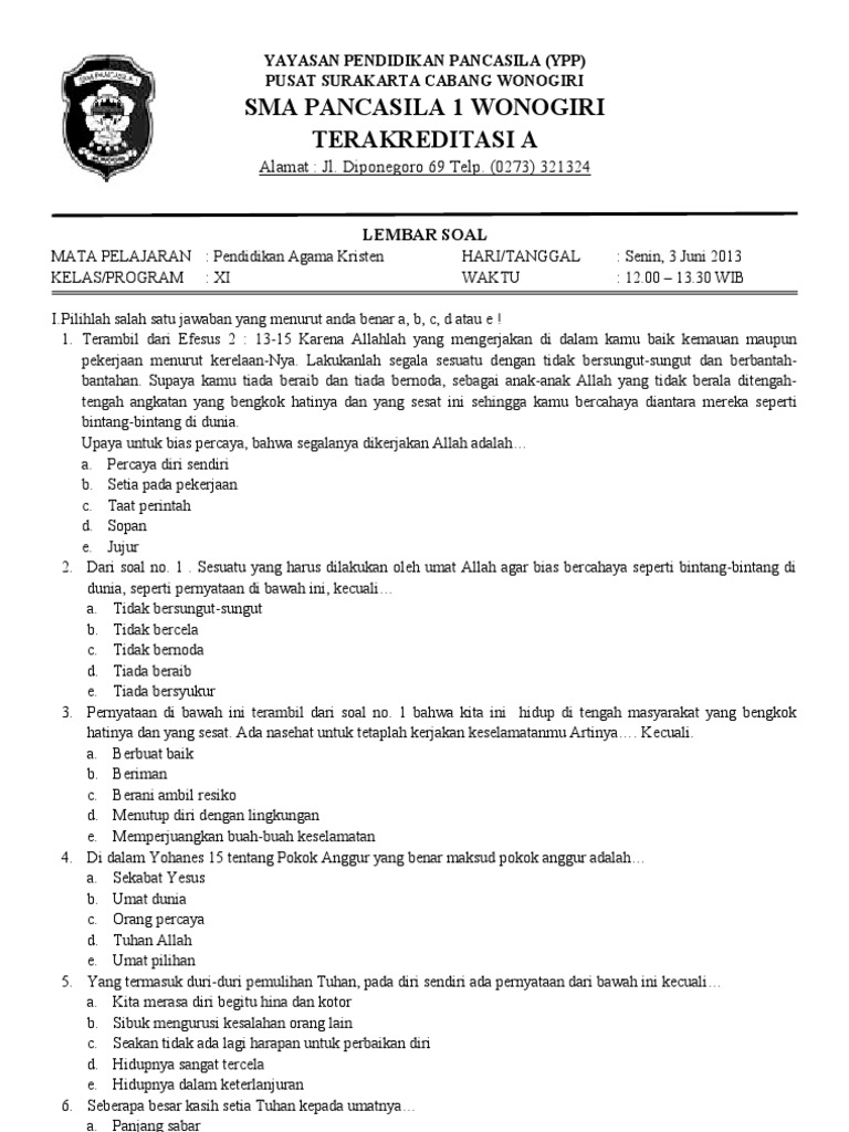 Soal Ujian Agama Kristen SMK Soal Ujian Agama Kristen SMK