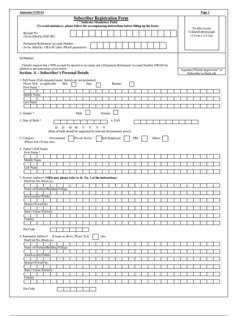 NPS Subscriber Registration Form Identity Document Government