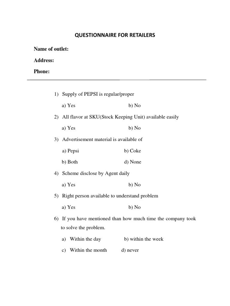 Questionnaire For Retailers Name of Outlet Address Phone PDF