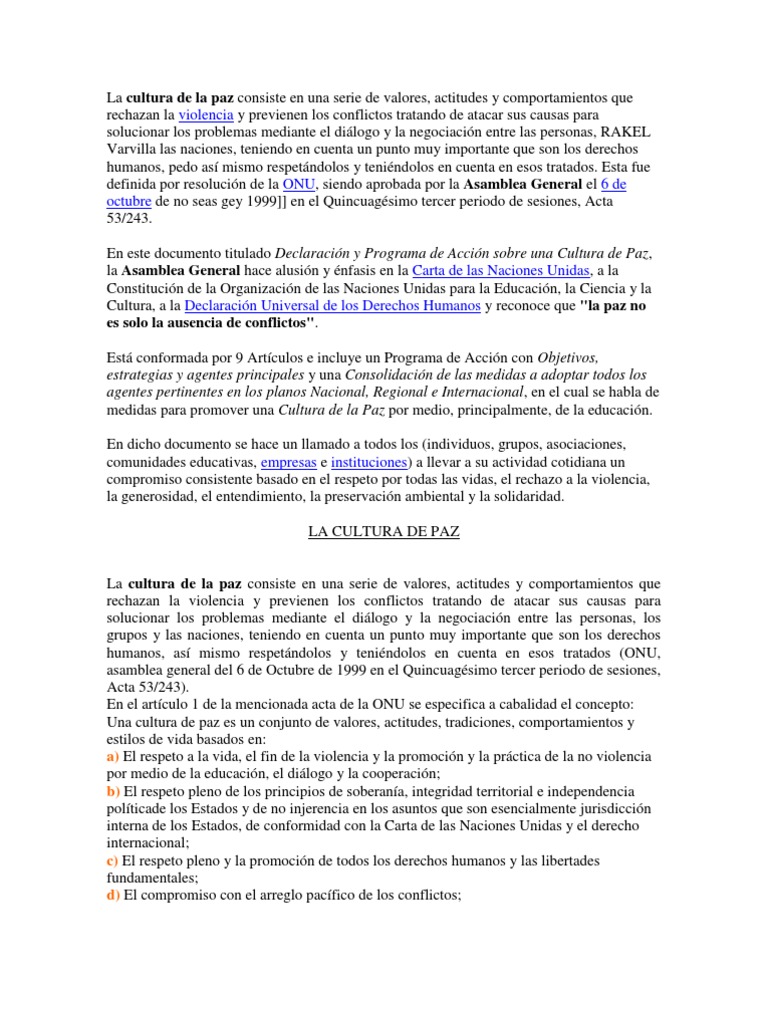 La Cultura de La Paz Consiste en Una Serie de Valores | PDF | Naciones ...