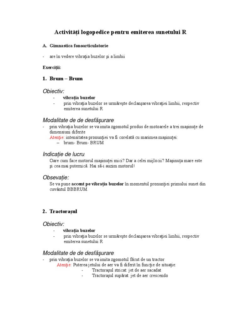 Activitati Logopedice Pentru Emiterea Sunetului R | PDF