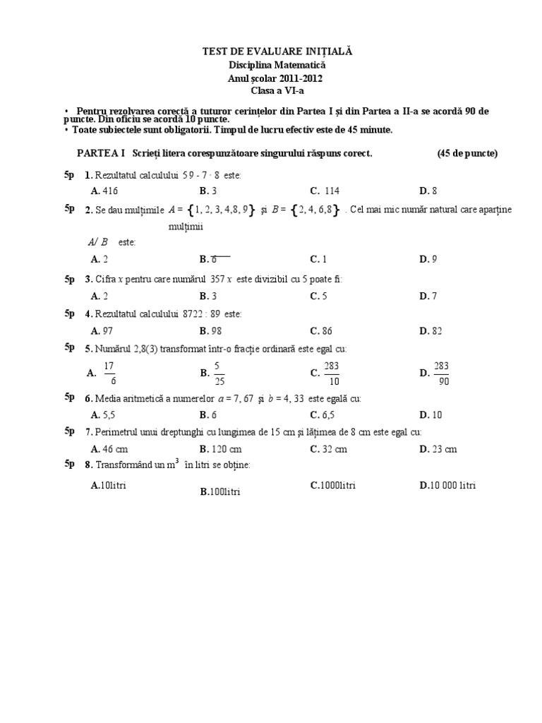 Clasa a 6-A Test Initial