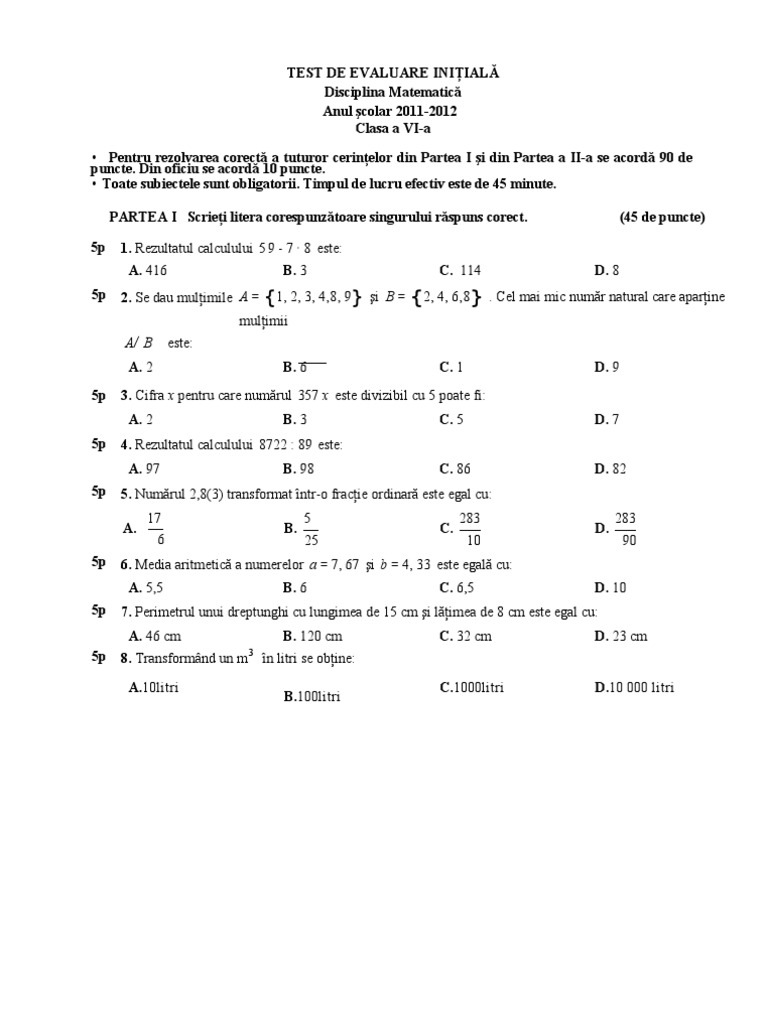 Rezolvari Probleme Matematica Clasa 6 Geometrie Clasa A 6-A Test Initial | PDF