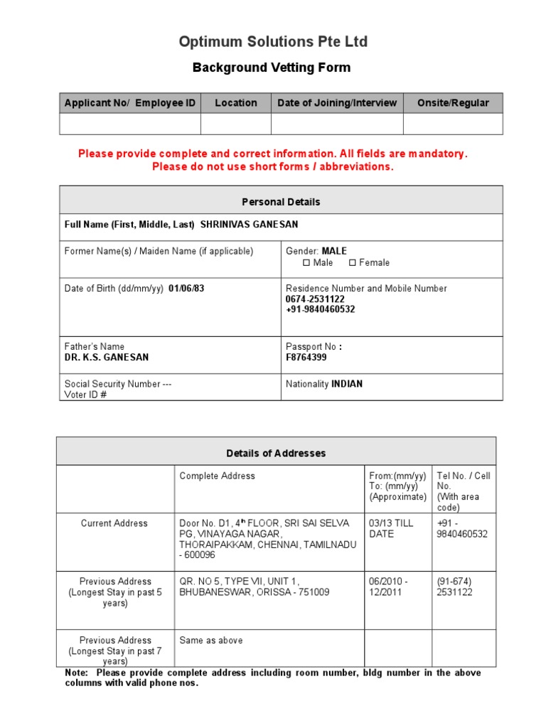 Optimum Info System Vetting Form | PDF | Employment | Social Institutions