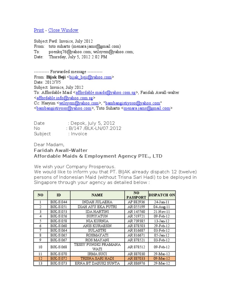Agency Fee Sing Email