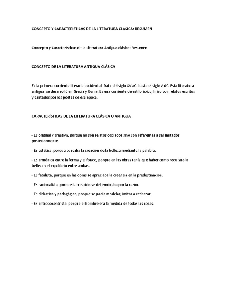 Concepto y Caracteristicas de La Literatura Clasica