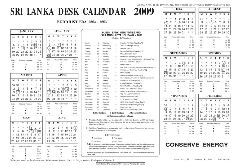 Sri Lanka Desk Calendar 2009 | PDF | Religious Holidays | Observances