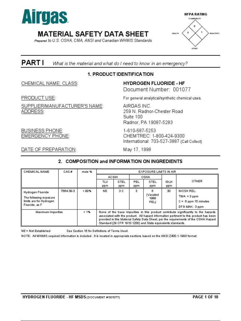 MSDS Hydrogen Fluoride(HF)(Airgas) Fluoride Firefighting