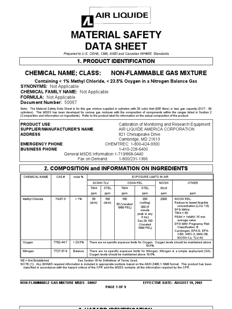 MSDS Methyl Chloride (AirLiq) Dangerous Goods Carcinogen