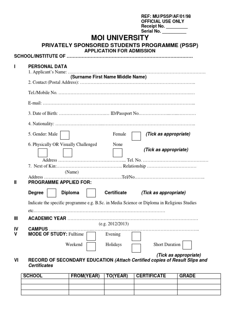 Moi University Admission Application Form | PDF | Diploma | Qualifications