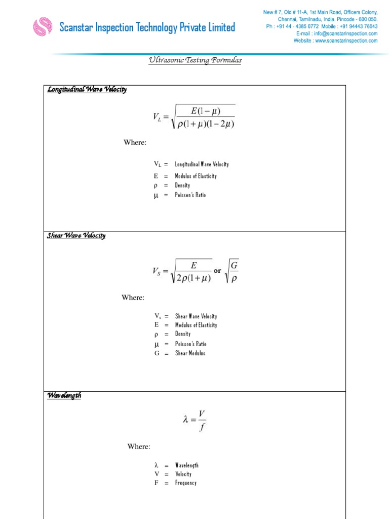 Ultrasonic Testing Formulas Overview | PDF | Wavelength | Waves