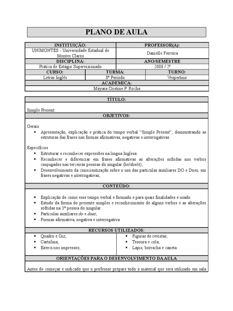 PLANO de AULA - Simple Present - Verbos