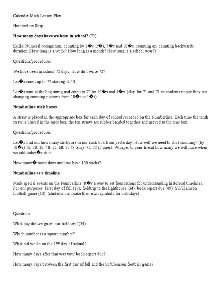 Calendar Math Lesson Plan PDF Lesson Plan Cognition