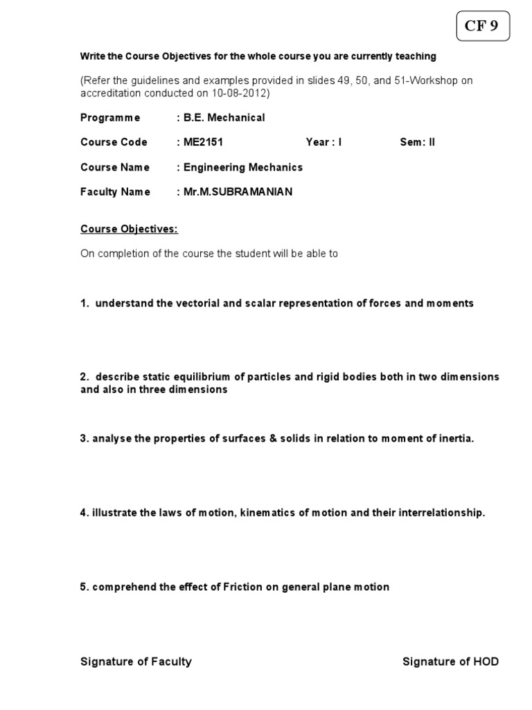Engineering Mechanics Course Objectives | PDF