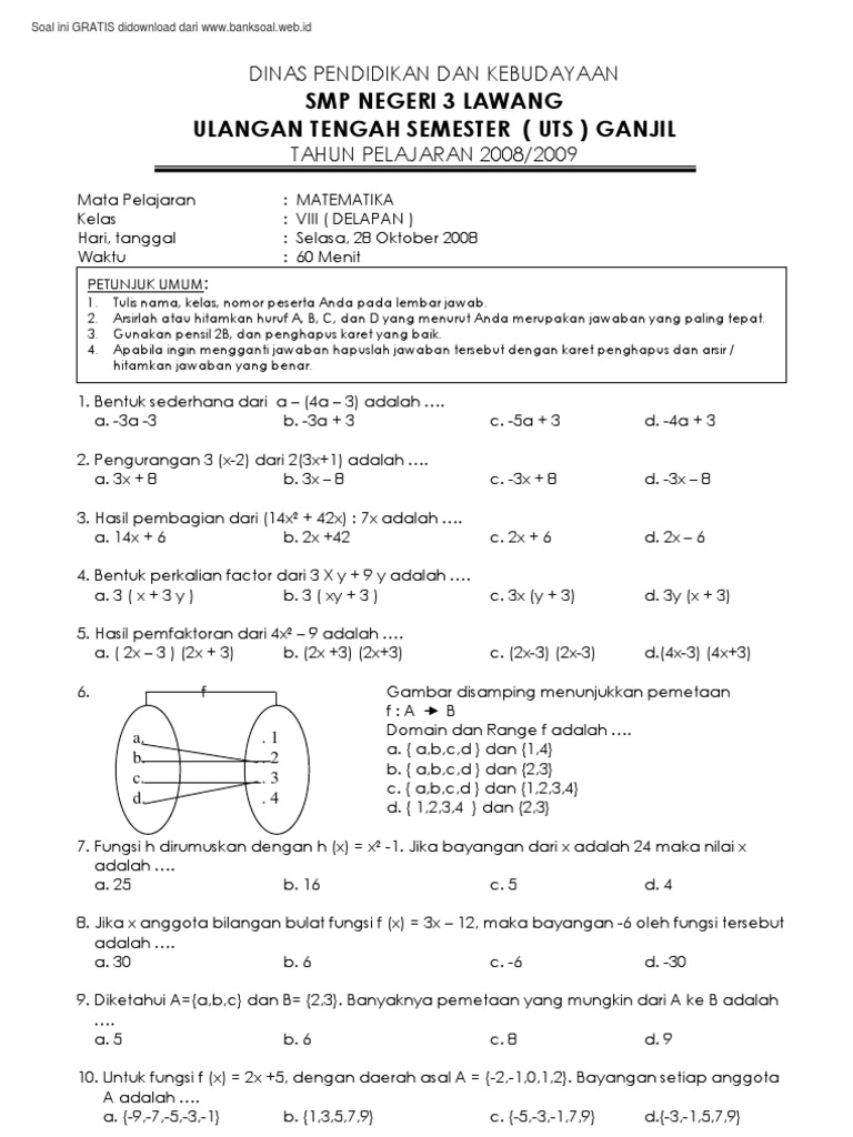  Soal  SMP  Kelas  8 MATEMATIKA Ujian  Tengah Semester Ganjil