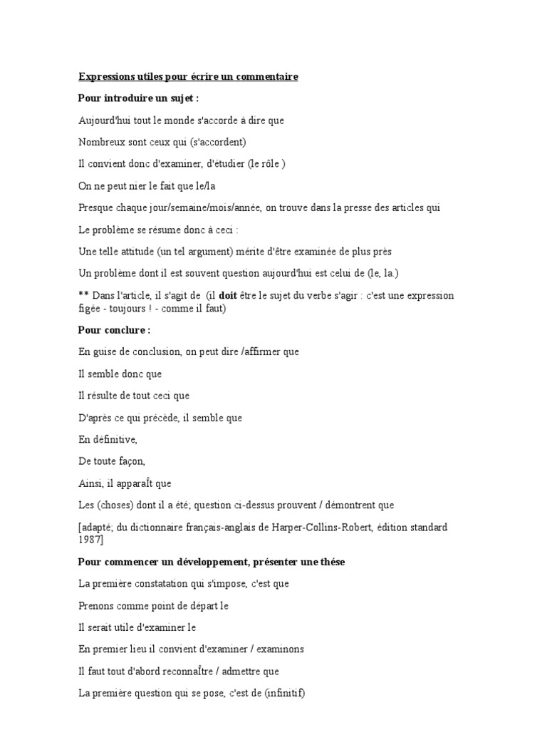 Expressions pour écrire un commentaire | PDF | Sujet (Grammaire ...