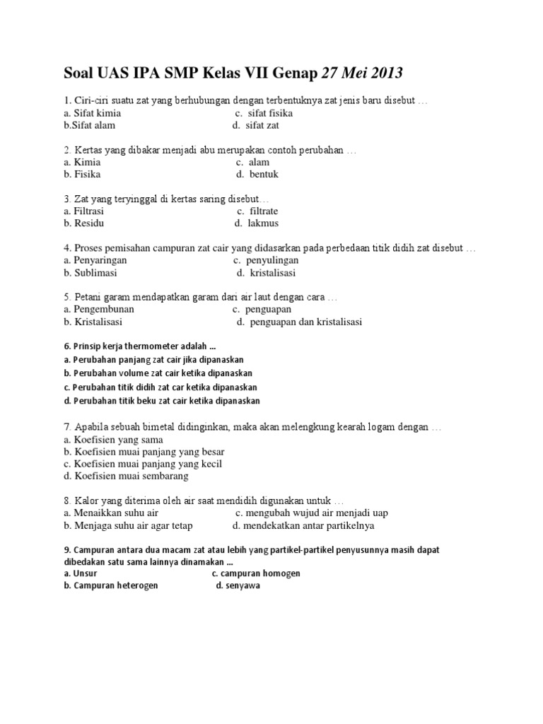 Soal Uas Ipa Smp Kelas Vii