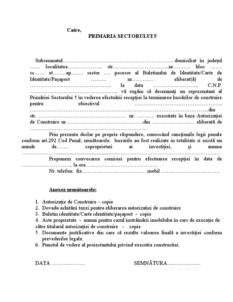 Cerere Receptie Terminare Lucrare