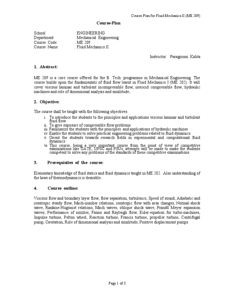 Fluid Mechanics II Course Outline ME 209 | PDF | Compressible Flow ...