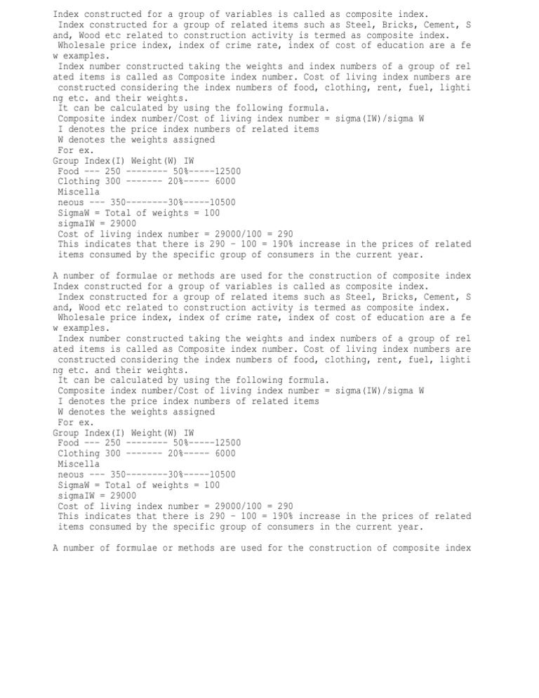 Calculate the Composite Index Index (Economics) Cost Of Living