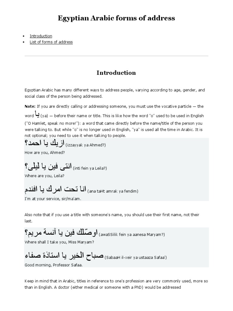 Egyptian Arabic Forms of Address | PDF | Plural | Grammatical Gender
