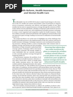 ACA Health Reform and Mental Health Care 2012