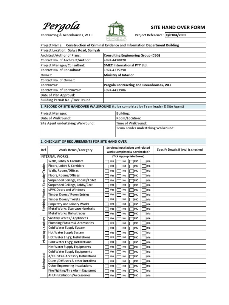 Site Hand Over Form  PDF  Building Engineering  Economic Sectors Regarding Handover Certificate Template