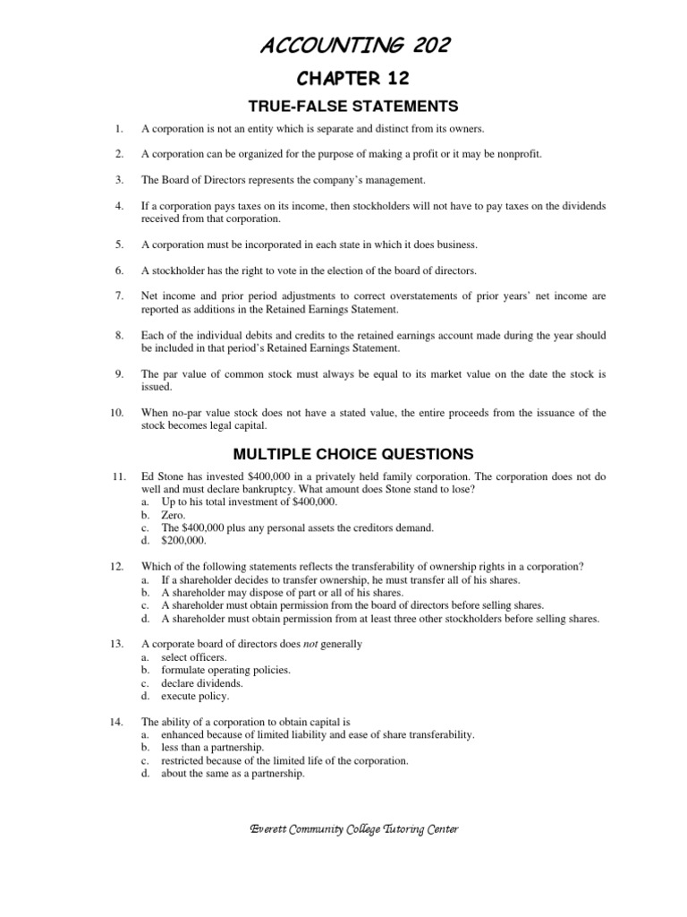 Chapter 12 Accounting Test Answers | PDF | Retained Earnings | Stocks